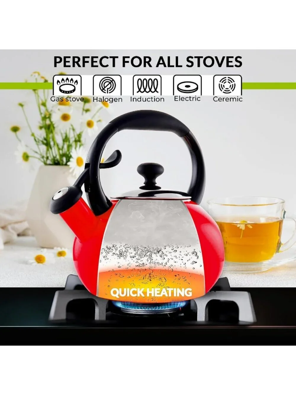 Red Whistling Tea kettle 1.8 QT  Premium Enamel on Carbon Steel Stovetop Pot
